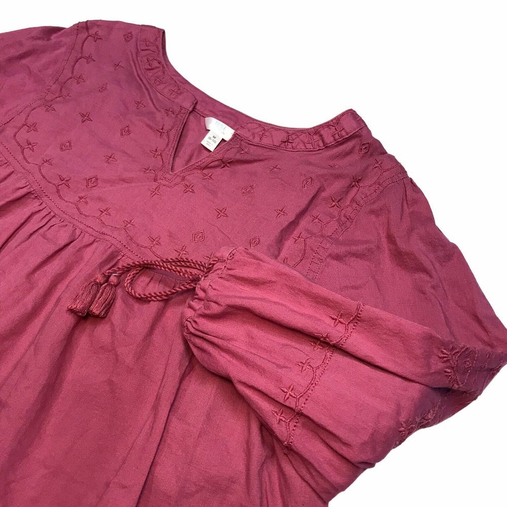 Boho Women Top Size Medium 8-10 Mauve Wine VNeck Embroidery Tassles Shirt Blouse